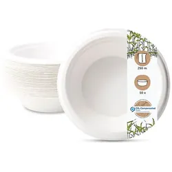 BIOZOYG 50 Stück Schale aus Zuckerrohr 250ml - Einwegschale für Salate, Bowls, Suppen, Eintöpfe - Runde Zuckerrohrschale - biologisch abbaubar