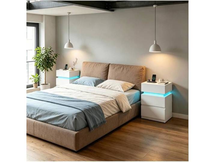 WUVRIE Table de chevet LED avec station de charge lot de 2 2 tiroirs blanc