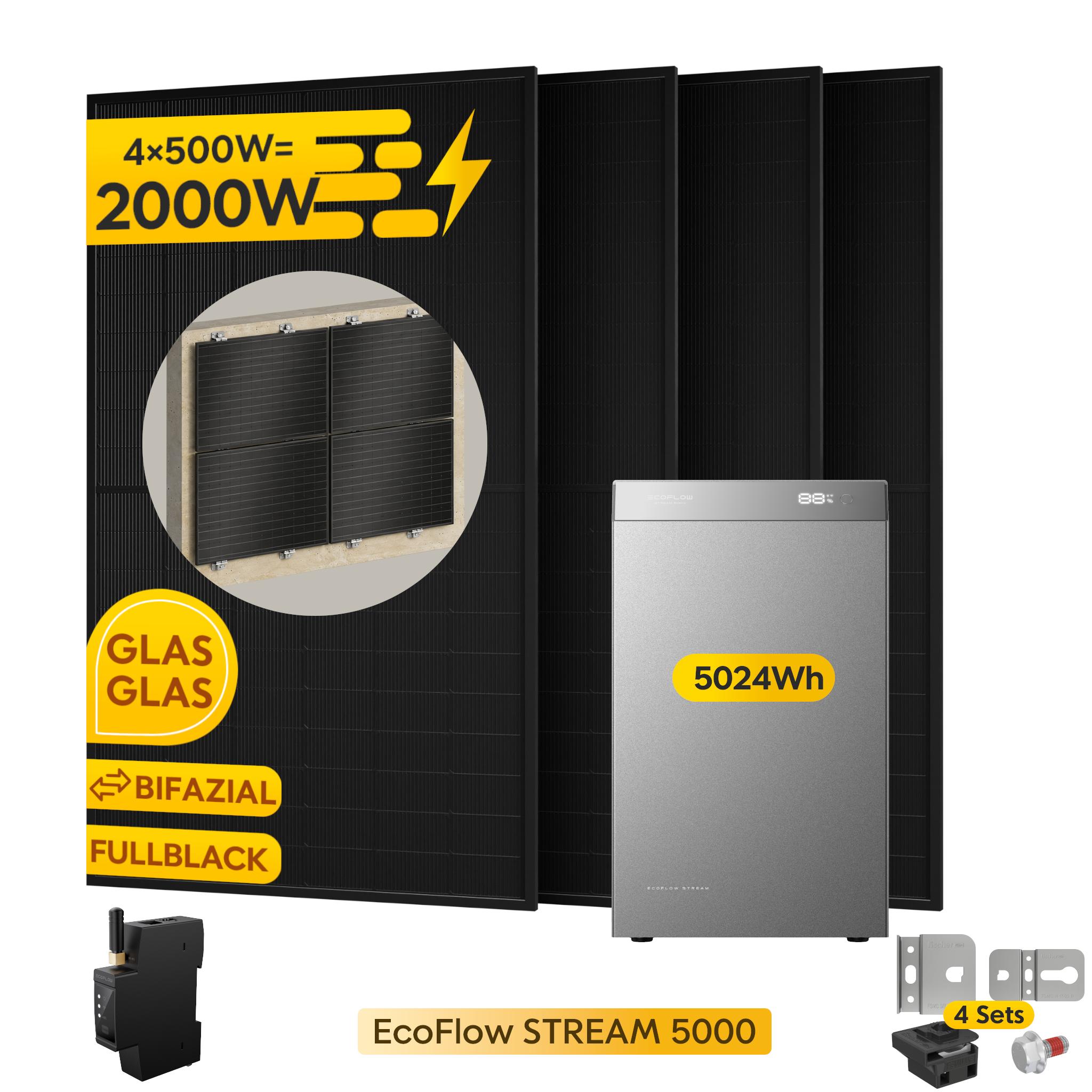 Powerness Balkonkraftwerk mit Speicher EcoFlow STREAM 5000 Speicher 5024Wh & 4x 500W Module & Smart Meter & 4x Fischer Fassadenhalterung