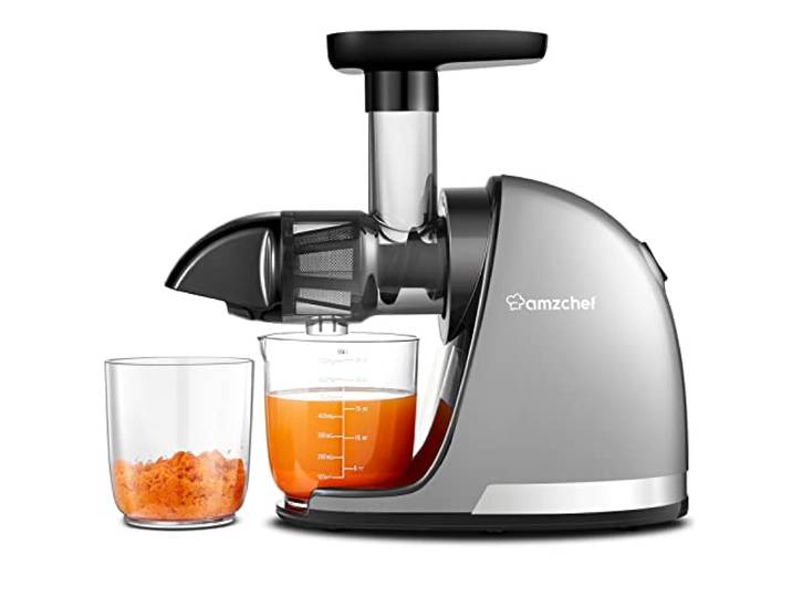 AMZCHEF Entsafter Gemüse und Obst Testsieger - Entsafter Slow Juicer mit Rückwärts-Kau-Funktion - Zartes Zerkleinern ohne Filtern - Saftpresse Elektrisch mit Bürste und 2 Tassen - Silber
