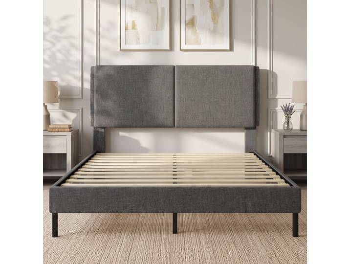 HOMCOM Lit Double 140x190cm Lin Gris Rembourré avec Rangement