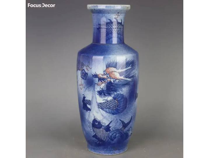 Qing Kangxi Vase bleu et blanc sous glaçure poisson rouge Dragon motif lune bouteille Antique porcelaine décoration de la maison
