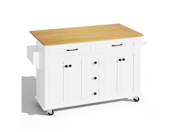 Îlot de cuisine mobile blanc avec plateau en bois extensible