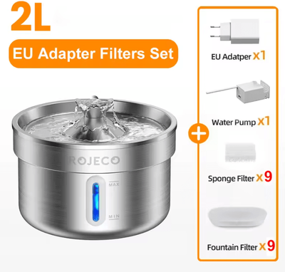 Inspire Curations FlowPure ROJECO Stainless Steel Pet Water Fountain eu Plug Filters Set 2l
