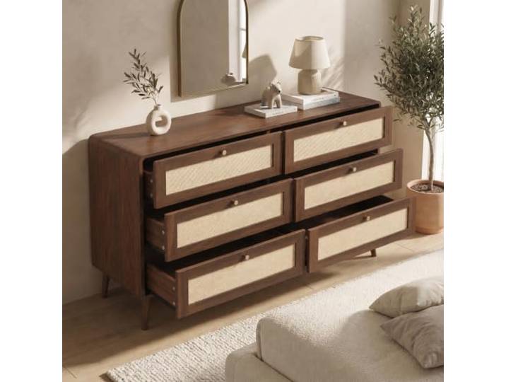 Merax Kommode 120x40x80 cm mit 6 Schubladen, Rattan-Optik, Walnuss-Finish, abgerundeten Ecken & erhöhten Beinen – Schlafzimmerkommode, Dunkle Holzfarbe