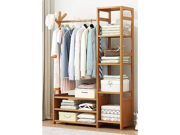 Kleiderständer Kleiderstange Garderobenständer Bambus Kleiderstangestab Offener Kleiderschrank Multifunktionale Schlafzimmer Garderobe Kleiderständer Mit 4 Ablagen, 50/70/80/100cm