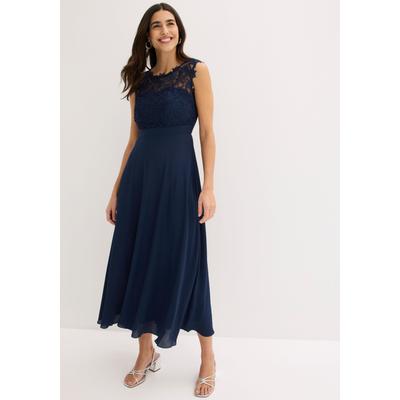 Maxikleid BONPRIX "Maxikleid mit Spitze", Damen, Gr. 54, K-Gr, ohne Ärmel, Spitze, blau (dunkelblau (länge: kurz)), Spitze, Obermaterial: 100% Polyester. Futter: 100% Polyester. Spitze: 100% Polyester, unifarben, festlich, tailliert knöchellang,...