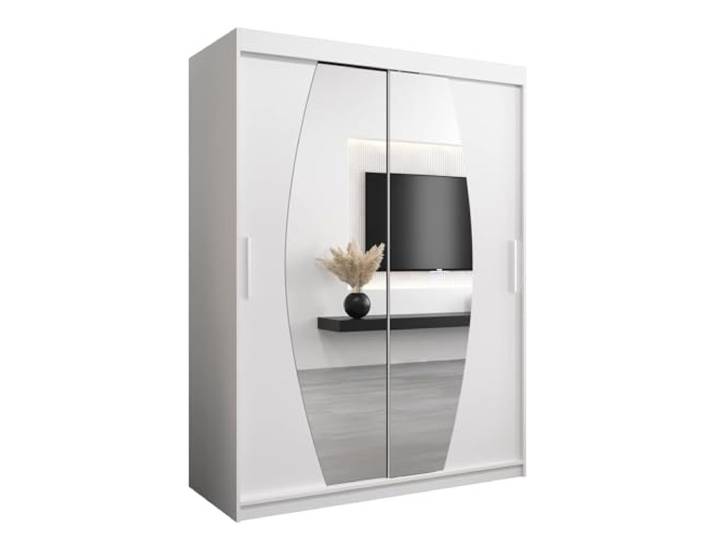 MEBLE KRYSPOL Elypse 150 Schlafzimmerschrank mit Zwei Schiebetüren, Spiegel, Kleiderstange und Regalen – 150x200x62cm - Mattweiß