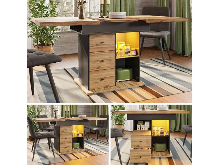 Table Extensible Salle a Manger LED Table a Manger Extensible Rangement Table Cuisine 4 à 6 Personnes Noir et bois 110-140×80cm