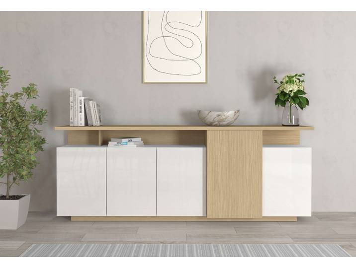Sideboard GOODPRODUCT Sideboard ETHOS, Kommode, Schrank, Kredenz , beige (eiche chopin, weiß hochglanz lackiert), B:210cm H:80cm T:40cm, Sideboards, Sideboard, Mit 5 Drehtüren, 8 Innenfächern und 2 Aussenfächern, B.210 cm