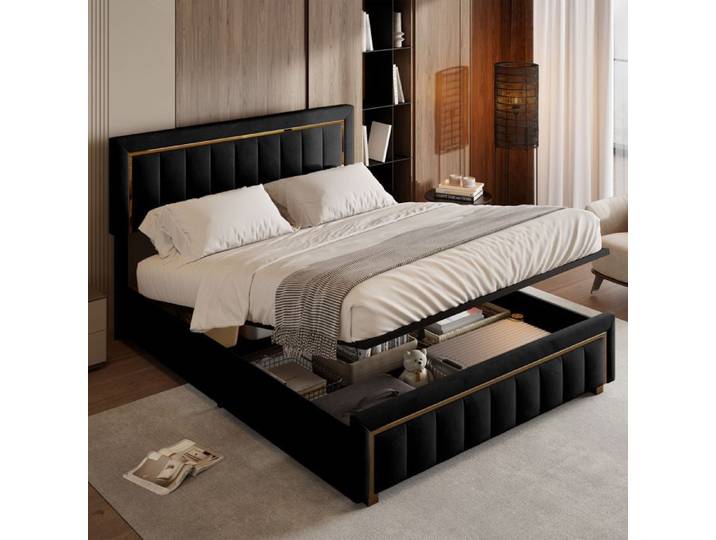 Lit coffre adulte 160x200 cm - LUMINARIX - Velours noir - Rangement hydraulique - 2 places - Design contemporain