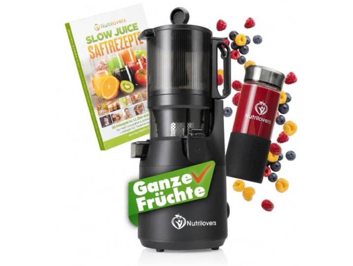 Nutrilovers Slow Juicer NUTRI-PRESS MAX Ganze Früchte entsaften Entsafter 135 mm XXL-Einwurf, BPA-frei, inkl. Saft-Flasche, Slow Juice Rezeptbuch