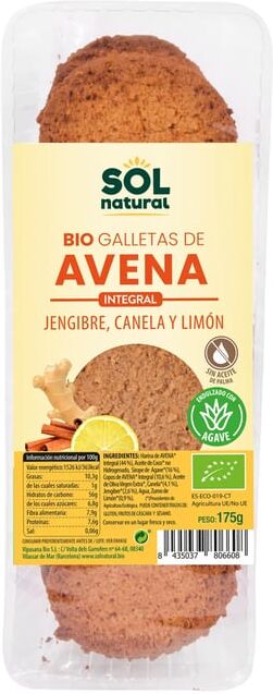 Sol Natural BOLACHAS DE AVEIA, GENGIBRE E CANELA-LIMÃO BIO 175g Limão-Gengibre