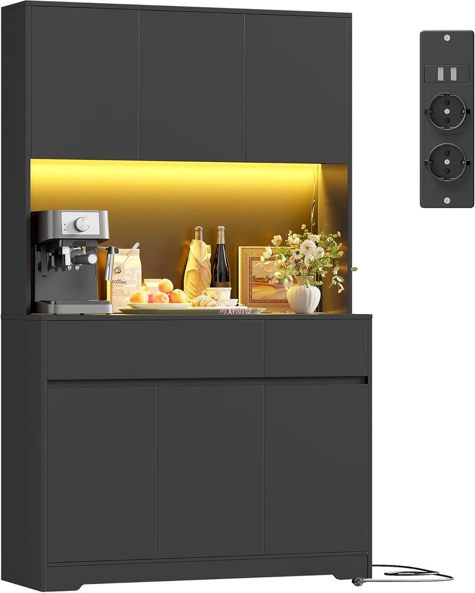 Hoge Keukenkast Buffetkast met Werkblad en LED Verlichting