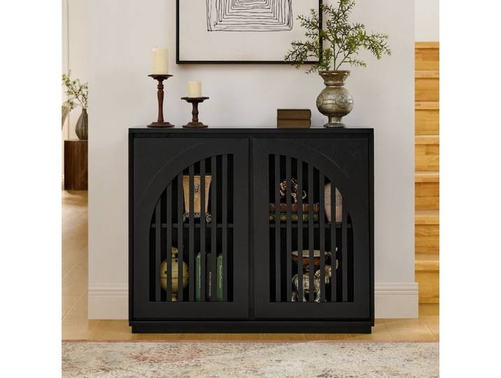 WOVREO Buffet bas style mid-century moderne 2 ouvertures pour prises portes ajourées bois et MDF noir