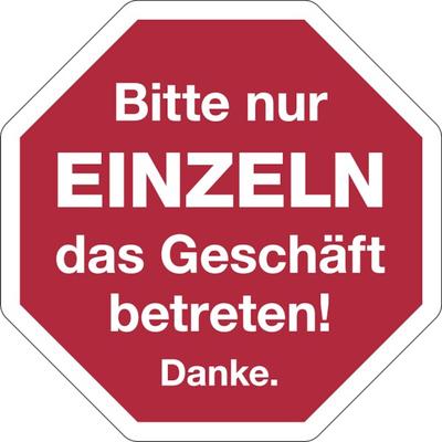 Hygieneschild, Bitte nur EINZELN, Folie, 150 x 150 mm - 150x150 mm Folie selbstklebend