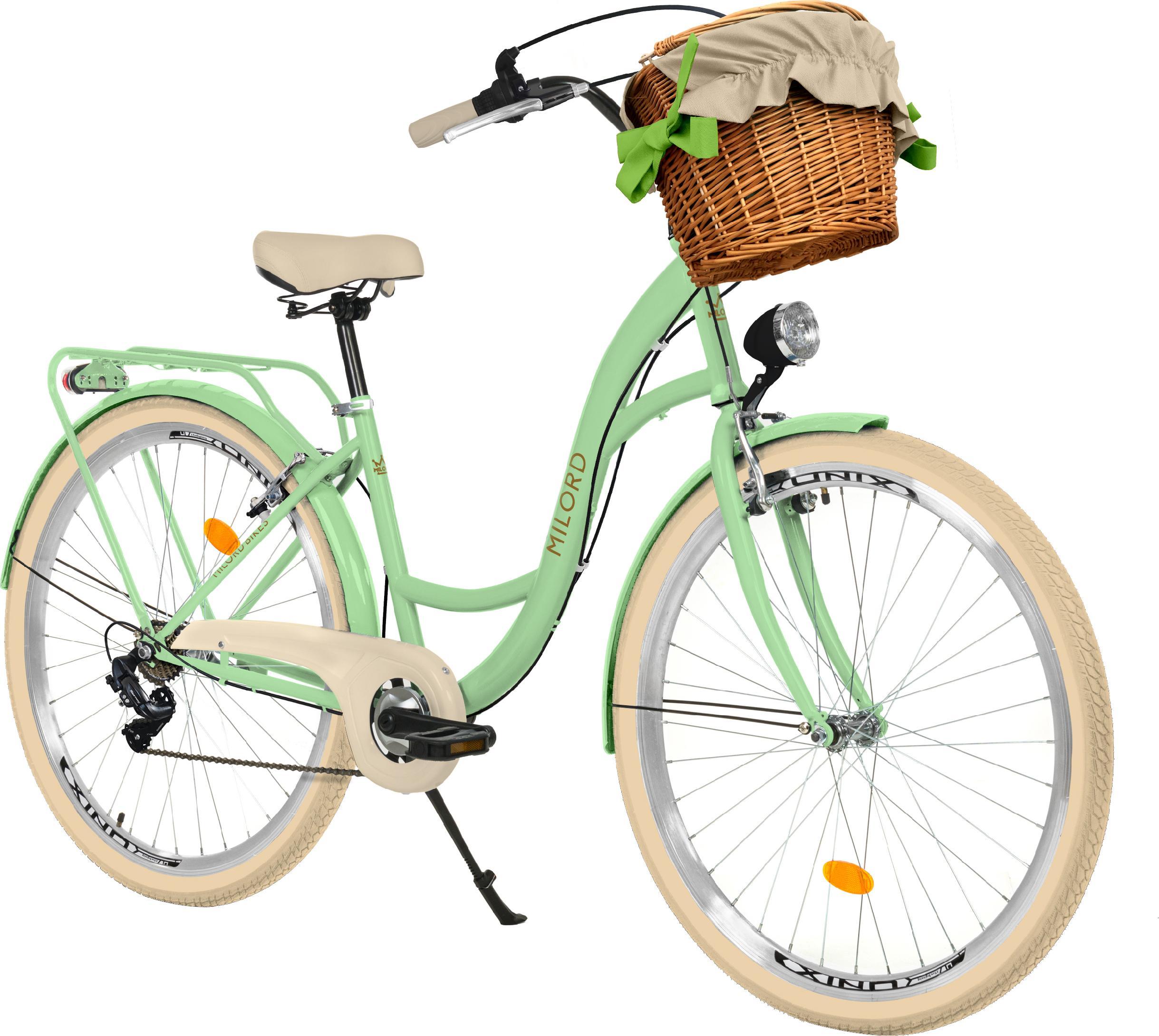 Milord Komfort Fahrrad Mit Weidenkorb Damenfahrrad, 26 Zoll, Mintze-Creme, 7-Gange Shimano