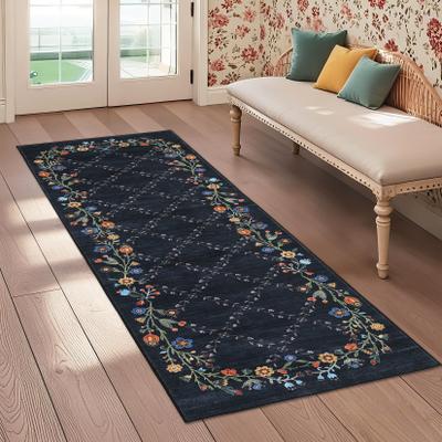 Garvee Geometric Checkered Floral Bordered Area Rug