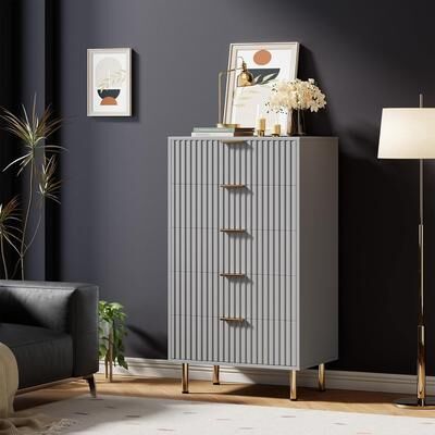 YUN Fluted 5 Drawer Storage Dresser, Tall Chest with Deep Drawers and Wide Top, Wooden Organizer for Living Room