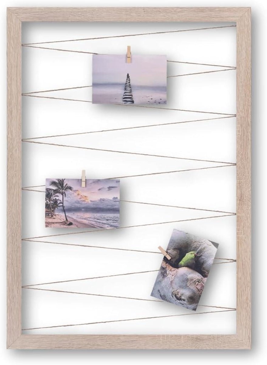 Fotohouder Collage Lijn met 20 houten clips en jute tape - Muurdecoratie - 50 x 70 cm