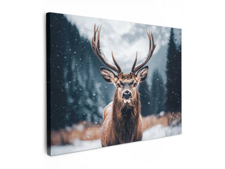 MuchoWow Leinwandbild - Hirsche - Tiere - Landschaft - Winter - Schnee - 80x60 - Malerei, Kastanienfarben, Textil, Kiefer, Abstrakt, Rechteckig, 80x60 cm, gerahmt, Bilder & Rahmen, Bilder, Wandbilder