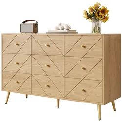 Kommode 120x39x80 cm PB + Spanplatte mit 9 Schubladen, Eisenbeine, geometrisches Design, modernes Aufbewahrungsmöbel Holzoptik