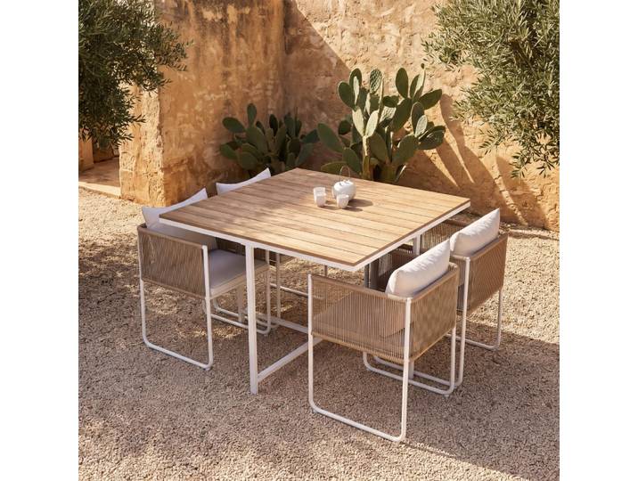 Set aus Gartentisch aus Verbundwerkstoff in Teak-Optik, 4 Personen, L110cm und 4 integrierten Stühlen in Rattan-Optik