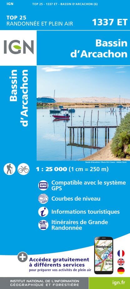 Carte de randonnée IGN TOP 25 n° 1337 ET - Bassin d'Arcachon  - VERSION MURALE ET PLASTIFIEE