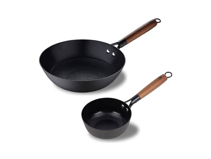 MasterPRO – Juego de Cazo y Wok – Tamaño Cazo 16cm y Wok 24 cm - Fabricadas en Hierro Prensado – Total Antiadherencia – Mango Acero Inox Apto para Todo Tipo de Cocinas incluyendo Inducción
