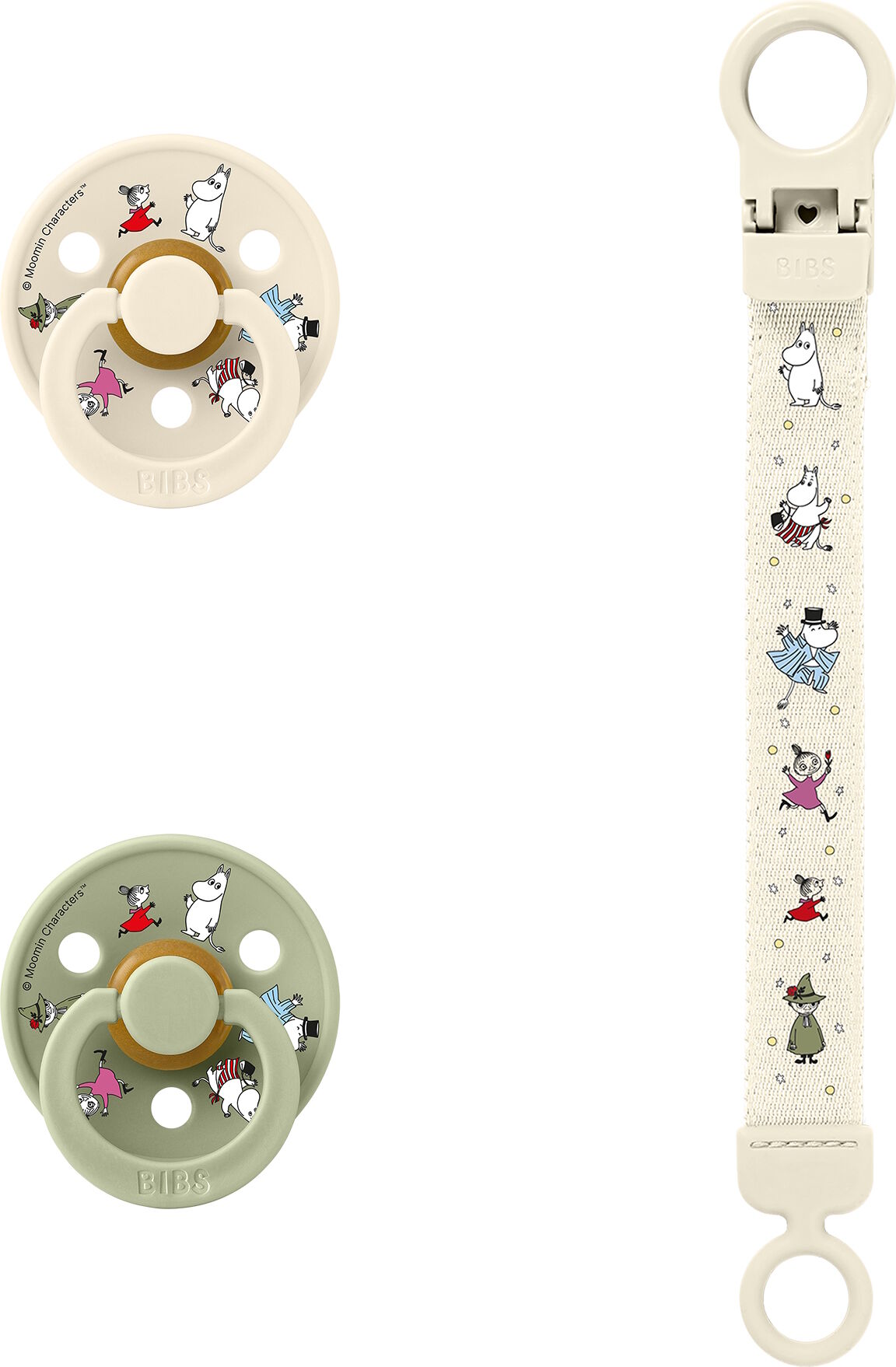 Bibs x Moomins Colour Pacifier & Loop Clip Gift Set Latex Size 2 Ivory/Sage 3 stk