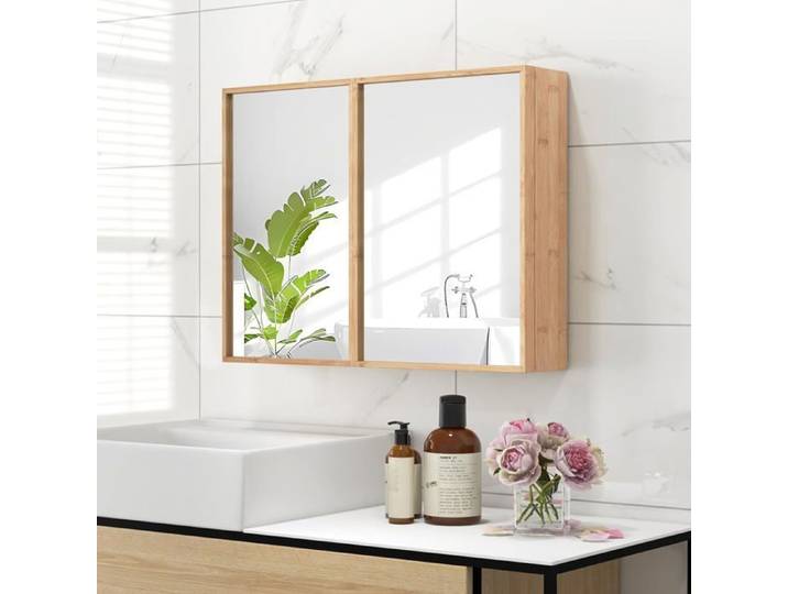 COSTWAY Armoire Murale de Salle de Bain en Bambou avec Porte et Miroir 2 Étagères Ajustables pour Salle de Bain Salon Entrée
