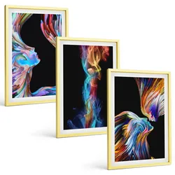 BILDER SET 3er Set - 40x60 cm Goldrahmen - Bunte abstrakte Gesichter
