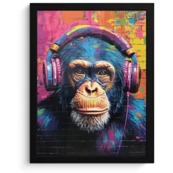 POSTER MIT RAHMEN Graffiti - Schimpanse - Straßenkunst - Kopfhörer - Affe Bilderrahmen 30x40 cm