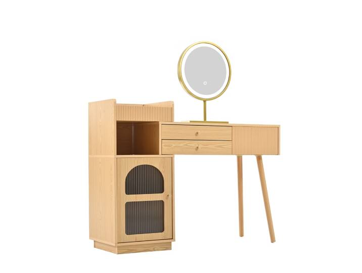 Coiffeuse avec miroir + 2 tiroirs + meuble vitré latéral, naturel