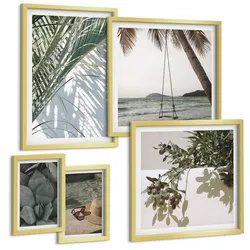 BILDER SET 5er Set - 50x50 cm & 20x30 cm & 40x60 cm Goldrahmen - Tropische Pflanzen für den Urlaub