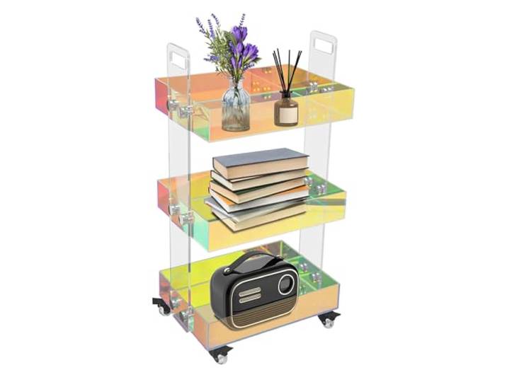 Bollomgy Acryl-Couchtisch 3-stufig bunt Rollen mit Bremsen Dreistufiger Acryl-Couchtisch – stabil, farbenfroh, mobil mit Rollen und Bremsen – erhöhte Kanten schützen vor Herunterfallen