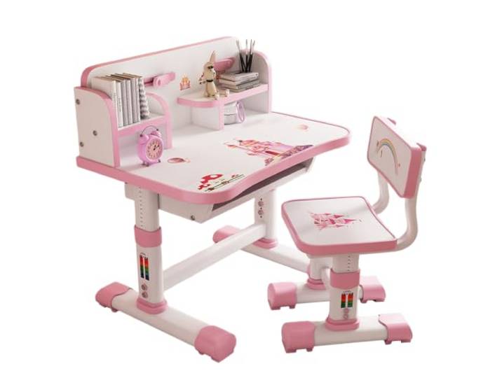 Fiauli Kinderschreibtisch-Stuhl-Set, höhenverstellbar mit Schublade Langlebige MDF-Platte und Metallrahmen, ergonomisches Design für Kinder, ideal für das Home-Schooling Rosa 1