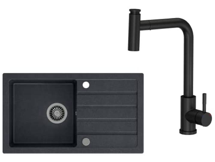 VBChome Spülbecken 77 x 44 cm Schwarz Spüle Einzelbecken Küche Einbauspüle Verbundspüle Küchenspüle gesprenkelt flächenbündig Siphon Waschbecken Armaturen mit schwenkbarem und ausziehbarem Auslauf
