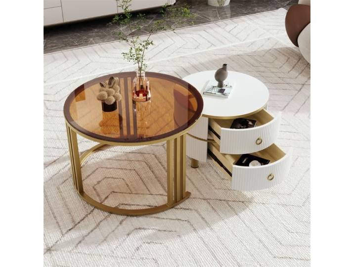 Table basse gigogne - DREAMMESPACE - Ronde - MDF - 2 tiroirs - Blanc et Or