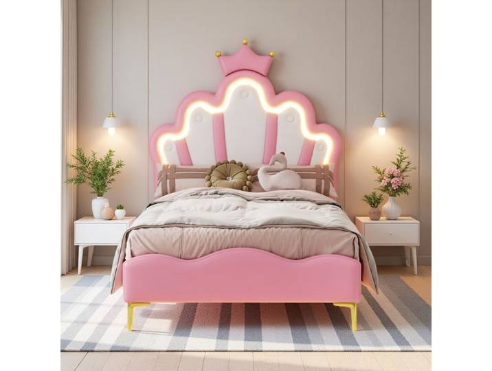 Lit Enfant Fille 90x200 cm avec LED Lit Princesse avec Tête de Lit Réglable Lit Enfant 90x200 avec Sommie Cadre Lit Simple PU Rose