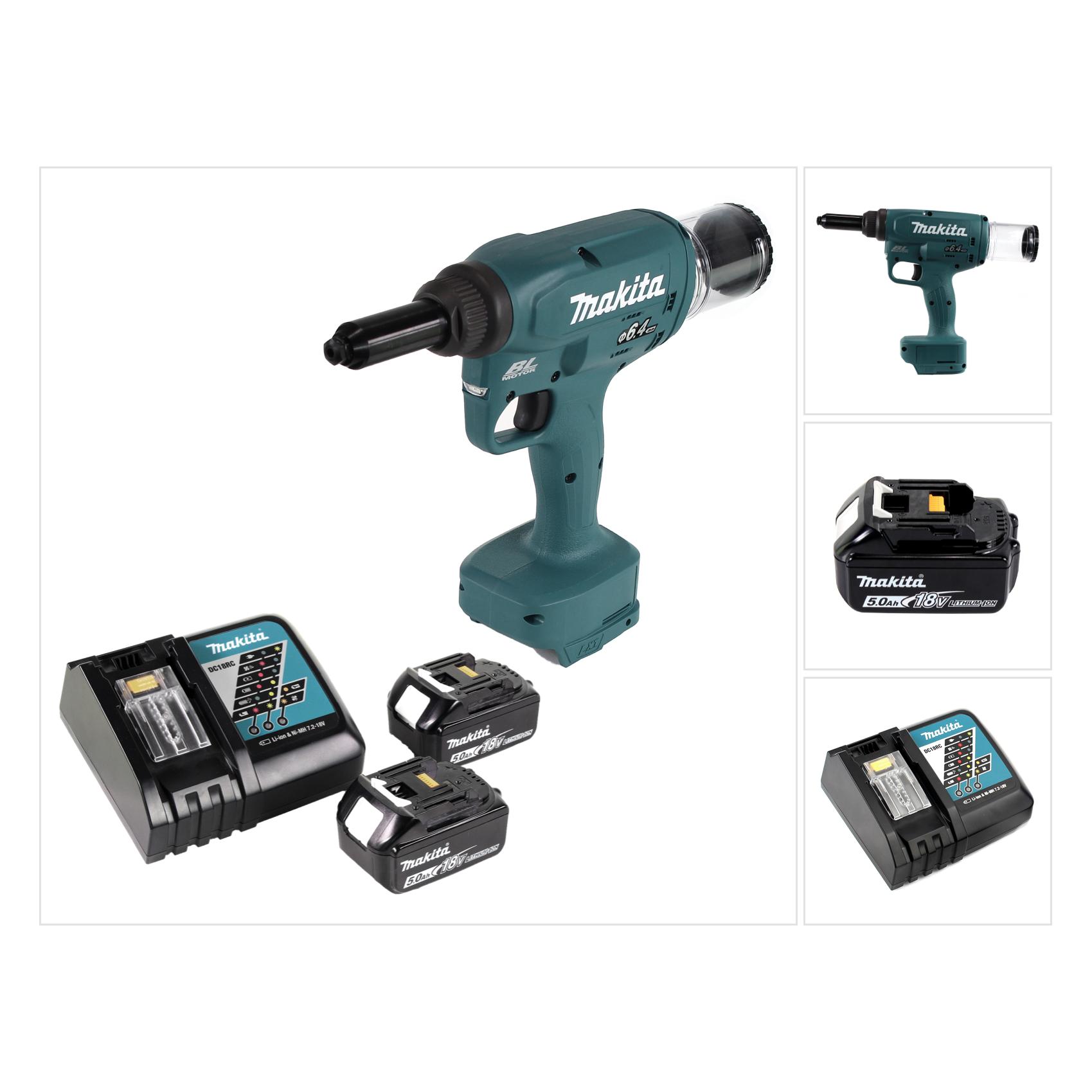 Makita DRV 250 RT Akku Blindnietsetzgerät 18V 20kN Brushless + 2x Akku 5,0Ah + Ladegerät (DRV250)