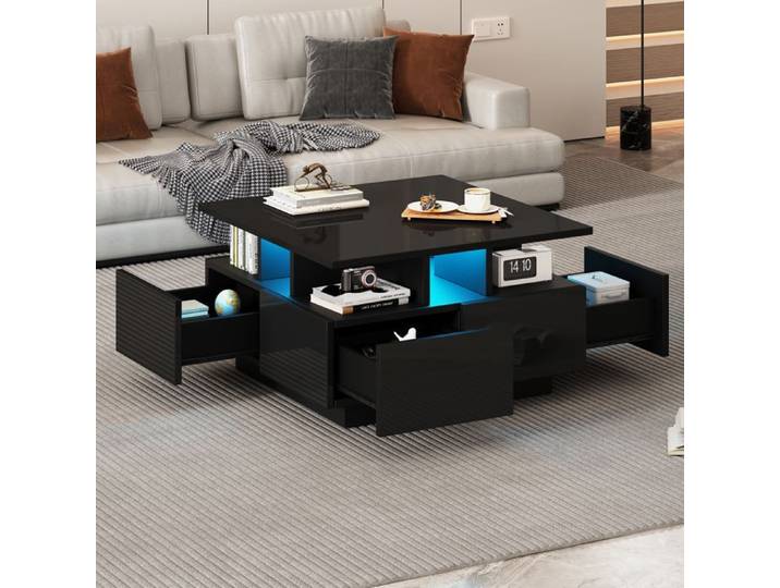 Table basse noire 70x70x40cm – LED + 4 tiroirs géométrique 30kg TABLE GIGOGNE