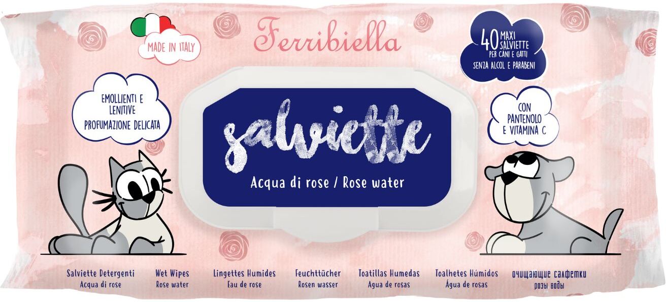 Ferribiella PROMO 12 CONFEZIONI da 40 pz ! Salviette Detergenti per Cani e Gatti Acqua di Rose
