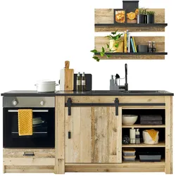 KÜCHENZEILE in Used Wood, anthrazit 4-teilig 196 cm, Küchenschrank-Set im Landhaus-Stil
