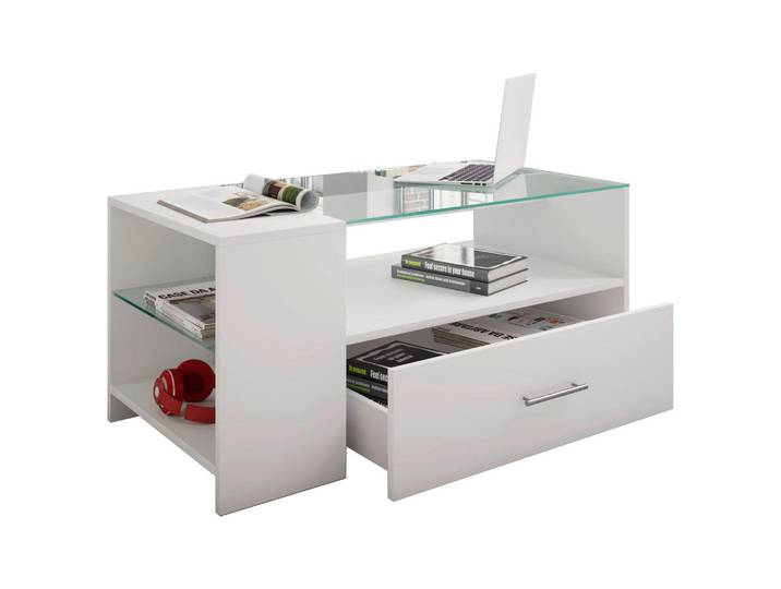 Couchtisch, Weiß, 100x50x45 cm, Glas & Holzwerkstoff, 1 Schublade, Modern, MID.YOU