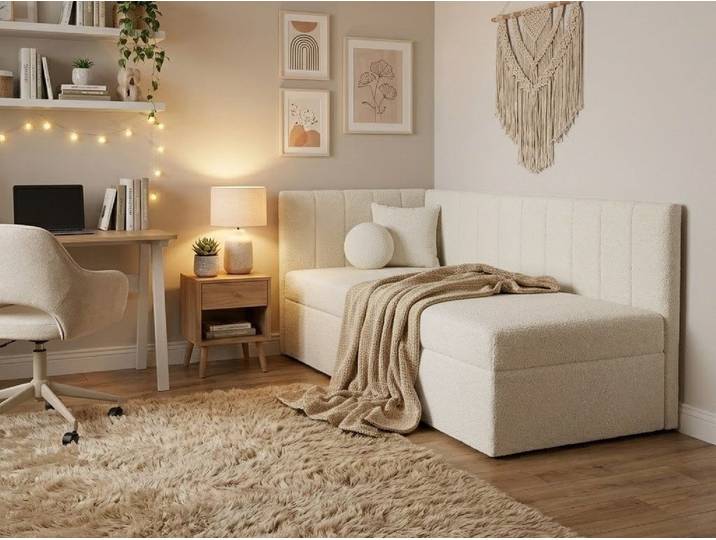 Beautysofa Einzelbett 90×200 mit Bettkasten RAFI (modernes Eckbett aus Bouclé-Stoff, für Kinder- und Jugendzimmer), mit Topper und Kissen