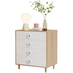 OKWISH Nachtschränkchen 80x54x90 cm mit 4 Schubladen in Weiß+Natur, stilvolle Aufbewahrung für Schlafzimmer und zimmer