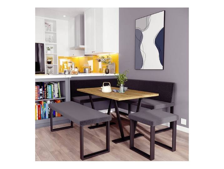 AN FURNITURE STORE Eckbankgruppe Eckbank ALINA Metall Set, (Eckbank mit Tisch, Sitzbank und Hocker), Tischplatte 32 mm, Farbe ARTISAN OAK, pulverbeschichtetes Metallprofil