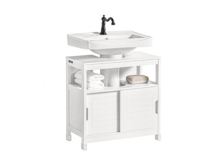 SoBuy Meuble sous Vasque avec 2 Portes Coulissantes Silencieuses Anti-Humidité Rangement Compact Blanc 60x30x60cm FRG128-II-W