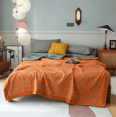 Inspire Curations Ethnic Jacquard Cotton Gauze Bedspread Blanket ginkgo Leaves O 220x240cm